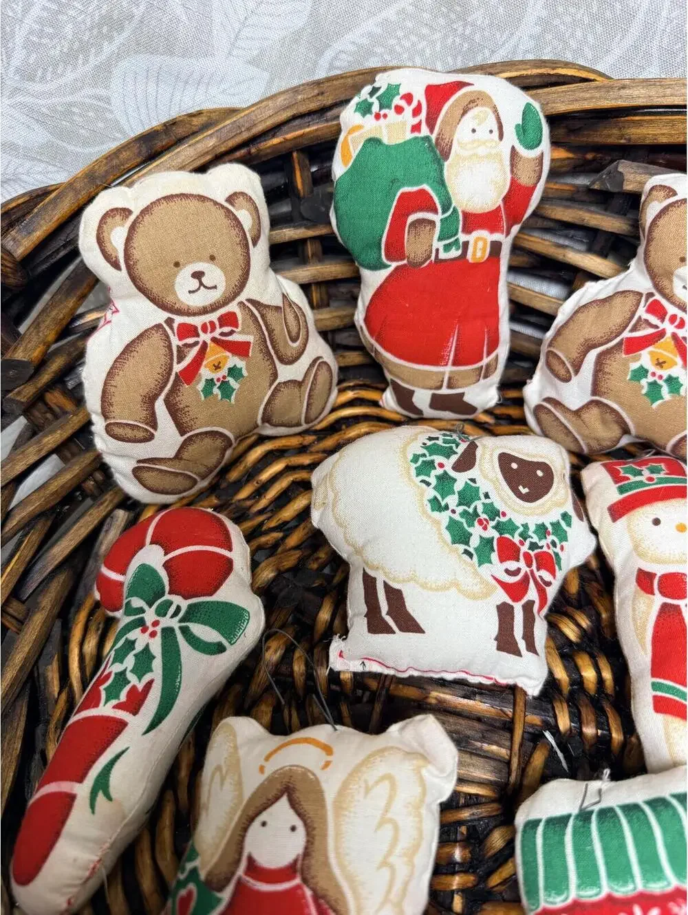 1970s Handmade Cloth Christmas Ornament Set of 8